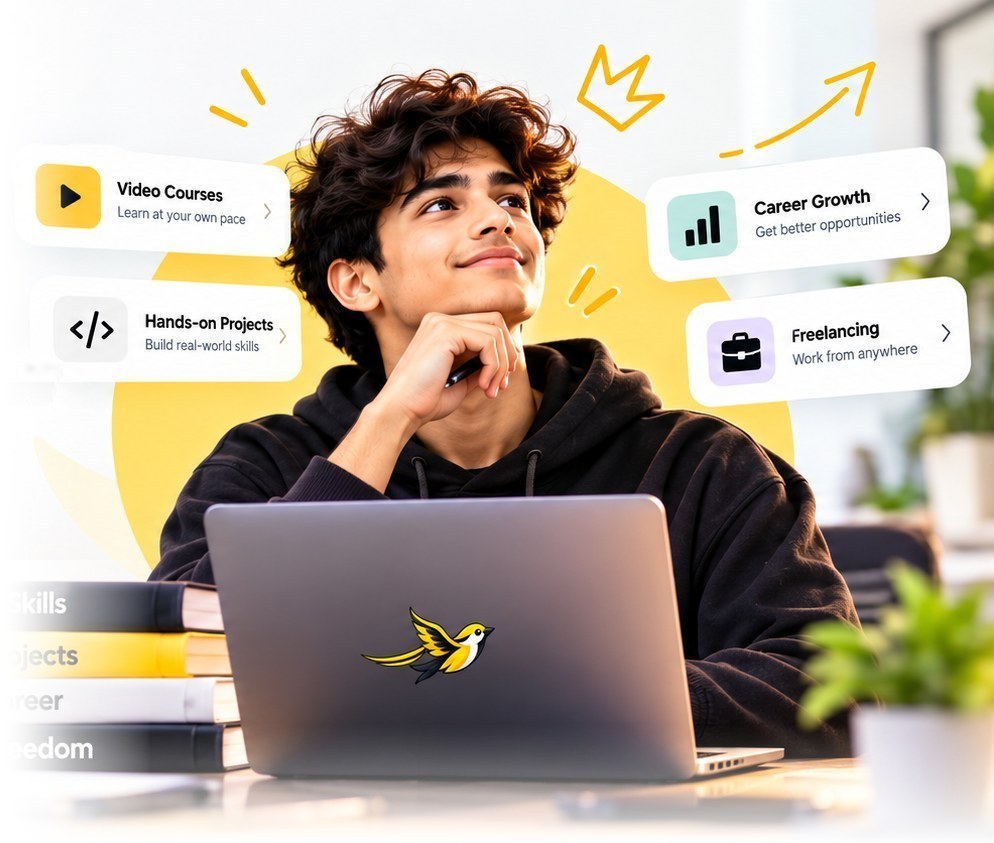 A SkillSparrow learner at a desk with a laptop, surrounded by floating cards for video courses, hands-on projects, career growth and freelancing.