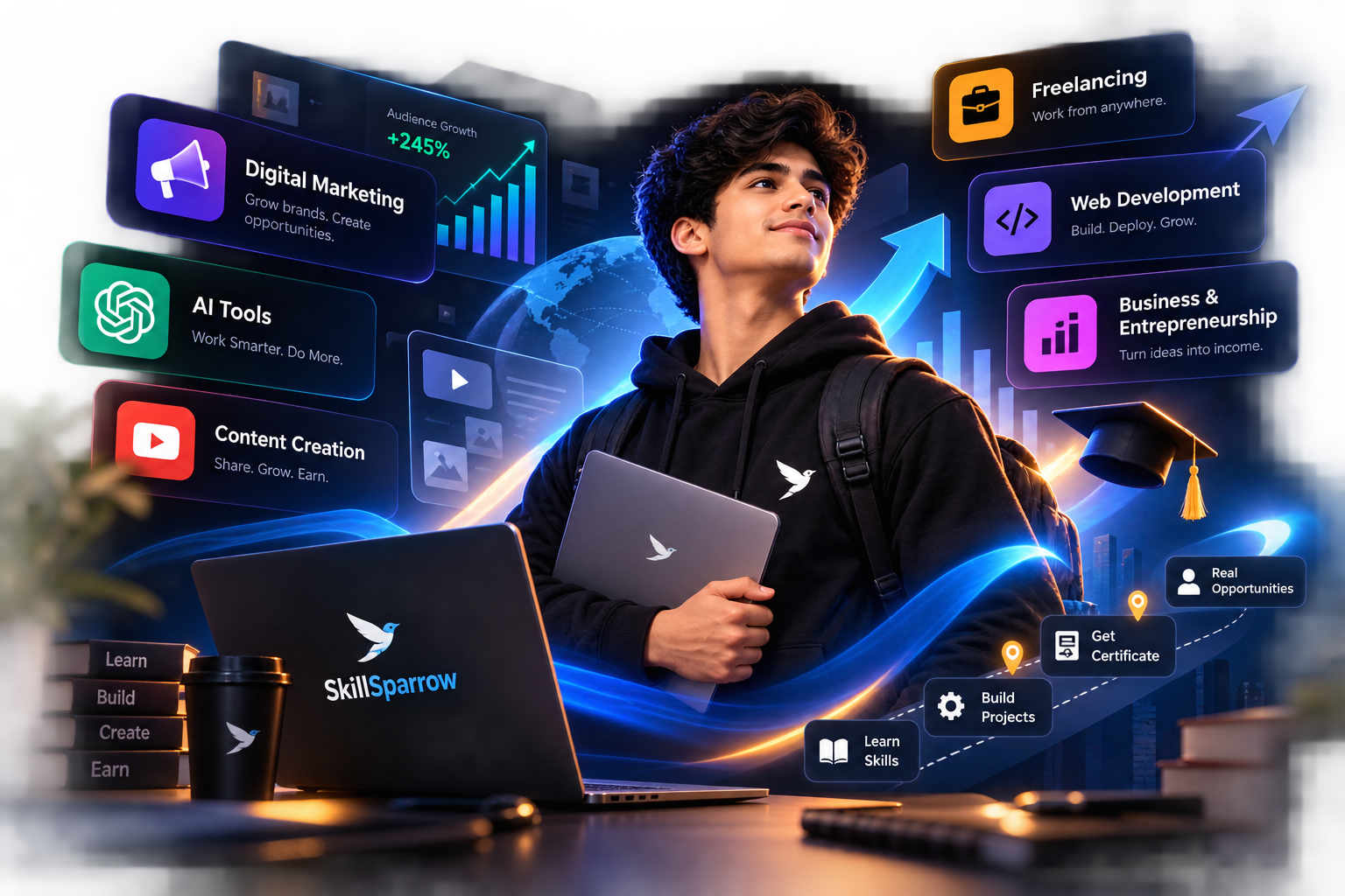 A SkillSparrow learner at a desk surrounded by floating skill badges — digital marketing, AI tools, content creation, freelancing, web development and business — along a roadmap from learning skills to real opportunities.